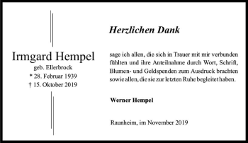 Traueranzeige von Irmgard Hempel von vrm-trauer