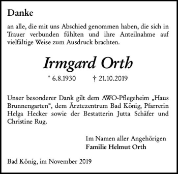 Traueranzeige von Irmgard Orth von vrm-trauer