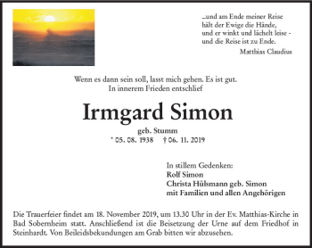 Traueranzeige von Irmgard Simon von vrm-trauer