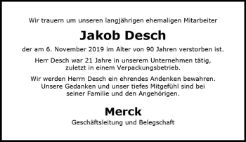 Traueranzeige von Jakob Desch von vrm-trauer
