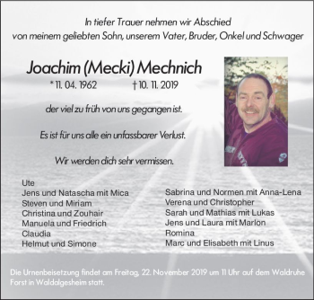 Traueranzeige von Joachim Mecki Mechnich von vrm-trauer