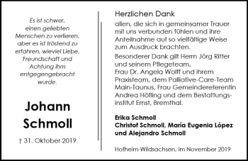 Traueranzeige von Johann Schmoll von vrm-trauer