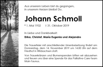Traueranzeige von Johann Schmoll von vrm-trauer