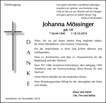 Traueranzeige von Johanna Mössinger von vrm-trauer