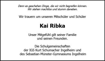 Traueranzeige von Kai Ribka von vrm-trauer