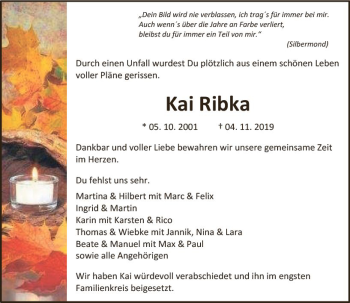 Traueranzeige von Kai Ribka von vrm-trauer