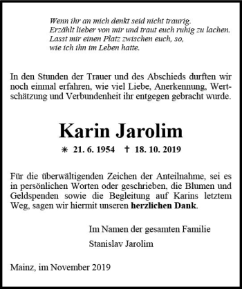 Traueranzeige von Karin Jarolim von vrm-trauer