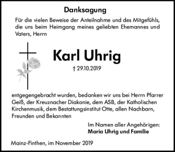 Traueranzeige von Karl Uhrig von vrm-trauer