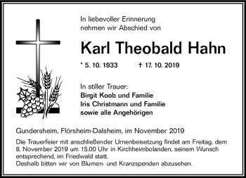 Traueranzeige von Karl Theobald Hahn von vrm-trauer