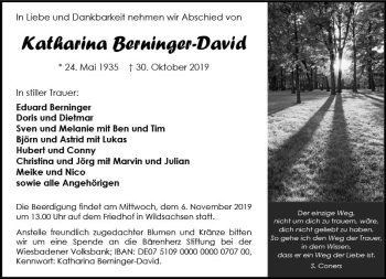 Traueranzeige von Katharina Berninger-David von vrm-trauer