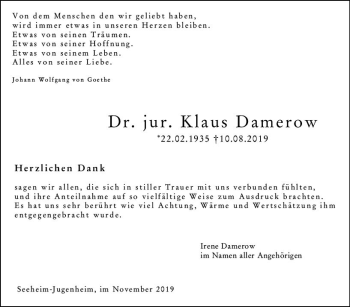 Traueranzeige von Klaus Damerow von vrm-trauer