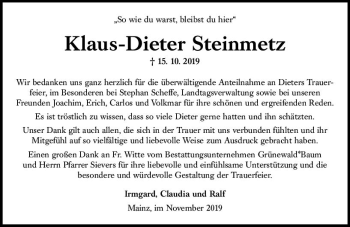 Traueranzeige von Klaus-Dieter Steinmetz von vrm-trauer