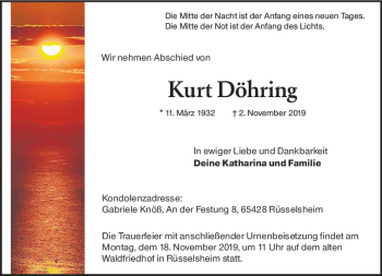 Traueranzeige von Kurt Döhring von vrm-trauer