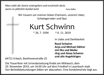 Traueranzeige von Kurt Schwinn von vrm-trauer