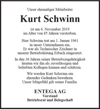 Traueranzeige von Kurt Schwinn von vrm-trauer