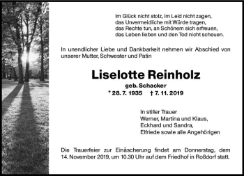 Traueranzeige von Liselotte Reinholz von vrm-trauer