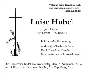 Traueranzeige von Luise Hubel von vrm-trauer