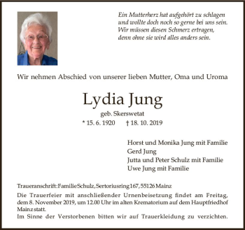 Traueranzeige von Lydia Jung von vrm-trauer