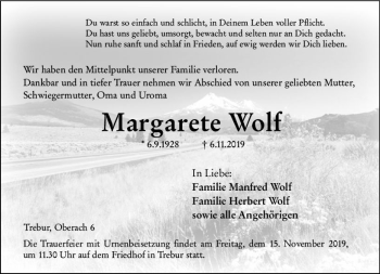 Traueranzeige von Margarete Wolf von vrm-trauer