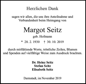 Traueranzeige von Margot Seitz von vrm-trauer