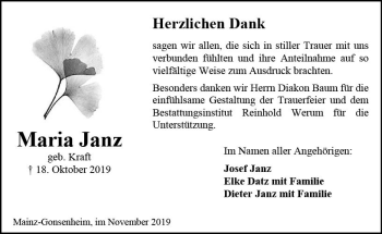 Traueranzeige von Maria Janz von vrm-trauer