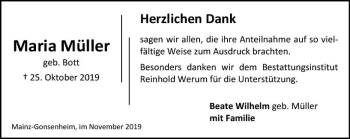 Traueranzeige von Maria Müller von vrm-trauer