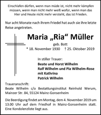 Traueranzeige von Maria Ria Müller von vrm-trauer