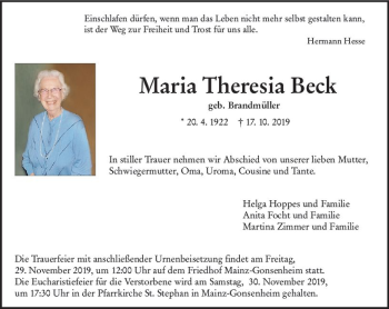Traueranzeige von Maria Theresia Beck von vrm-trauer