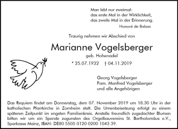 Traueranzeige von Marianne Vogelsberger von vrm-trauer