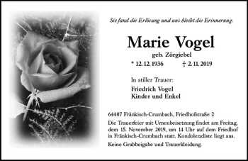 Traueranzeige von Marie Vogel von vrm-trauer