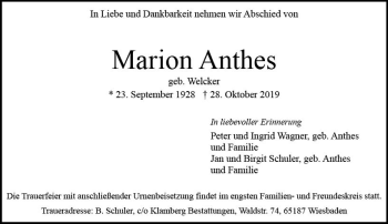 Traueranzeige von Marion Anthes von vrm-trauer