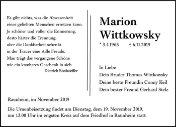 Traueranzeige von Marion Wittkowsky von vrm-trauer