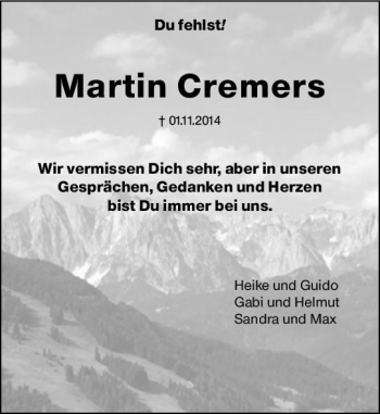 Traueranzeige von Martin Cremers von vrm-trauer