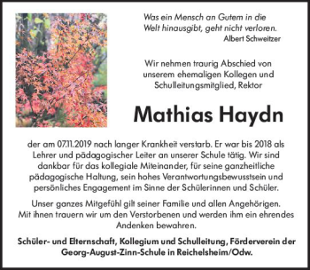 Traueranzeige von Mathias Haydn von vrm-trauer