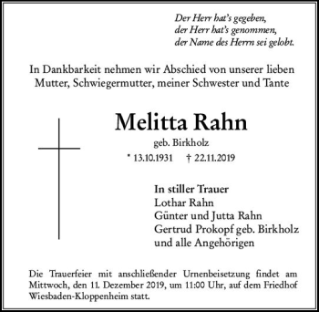 Traueranzeige von Melitta Rahn von vrm-trauer