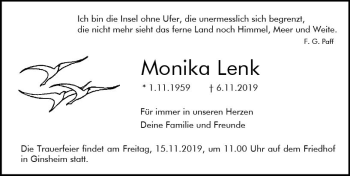 Traueranzeige von Monika Lenk von vrm-trauer