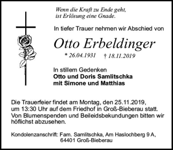 Traueranzeige von Otto Erbeldinger von vrm-trauer