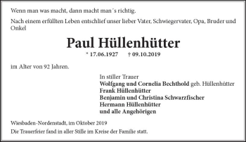 Traueranzeige von Paul Hüllenhütter von vrm-trauer