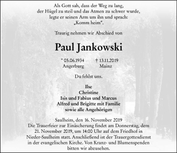 Traueranzeige von Paul Jankowski von vrm-trauer