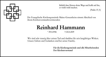Traueranzeige von Reinhard Hammann von vrm-trauer