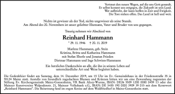 Traueranzeige von Reinhard Hammann von vrm-trauer