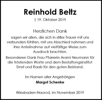 Traueranzeige von Reinhold Beltz von vrm-trauer