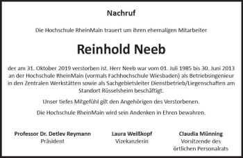 Traueranzeige von Reinhold Neeb von vrm-trauer