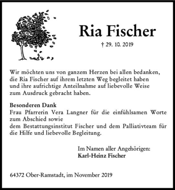 Traueranzeige von Ria Fischer von vrm-trauer