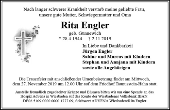 Traueranzeige von Rita Engler von vrm-trauer