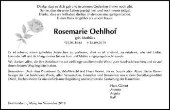 Traueranzeige von Rosemarie Oehlhof von vrm-trauer