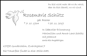 Traueranzeige von Rosemarie Schütz von vrm-trauer