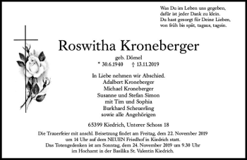 Traueranzeige von Roswitha Kroneberger von vrm-trauer