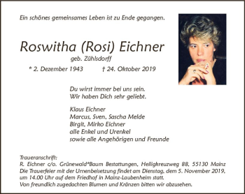 Traueranzeige von Roswitha Rosi Eichner von vrm-trauer