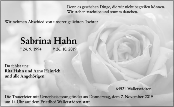 Traueranzeige von Sabrina Hahn von vrm-trauer